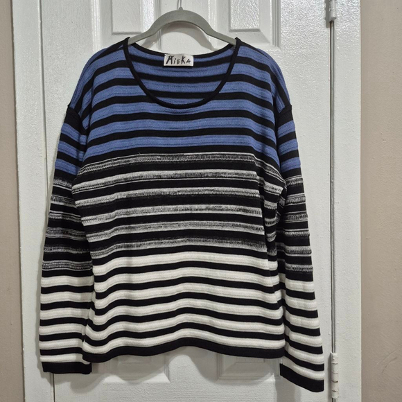 Mieka Sweaters - Women's Mieka Striped Crew Neck Sweater L Black Blue White‎